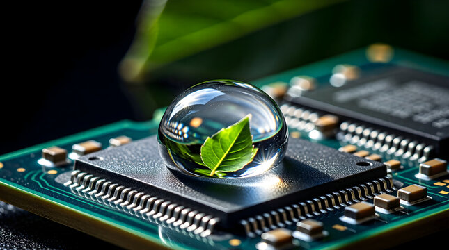 Purity and Precision: Macro Water Droplet on CPU Chip Symbolizing Advanced Cooling, Green Efficiency, and High-Performance Enterprise Technology