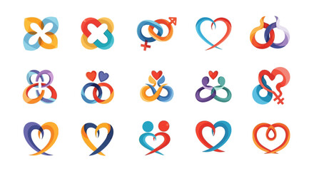 A collection of colorful love couple symbols and icons in various designs, including hearts and interlocking figures, on a white background.