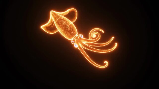 Glowing Neon Squid Illustration on Black Background.