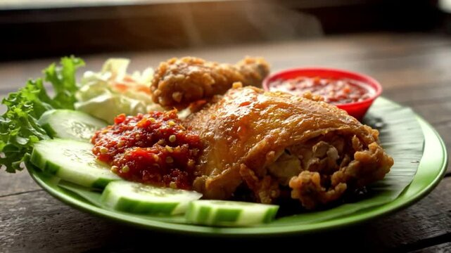 Cinematic slow motion of traditional Indonesian pecel ayam fried chicken with spicy sambal and fresh vegetable on a rustic wooden table warm natural light showcasing authentic street food and culinary