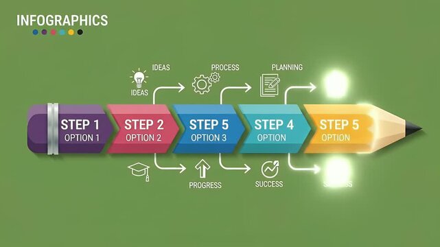 Step By Step Infographic Pencil With Icons And Arrows Green Background
