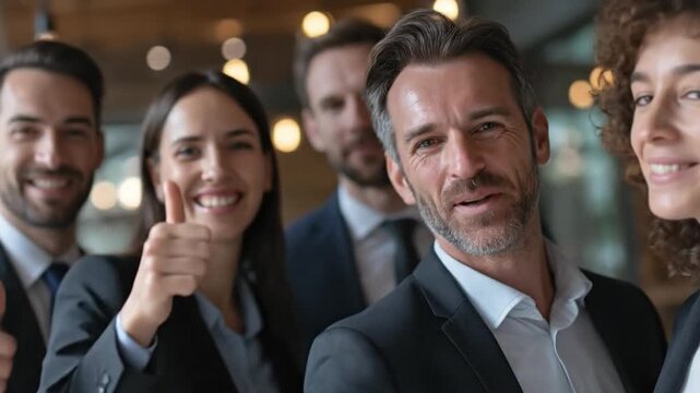 Thumps up in The Boardroom: A group of professionals stands confidently in the boardroom, their faces lit with expressions of aspiration and camaraderie. Expressing optimism, achievement, success.