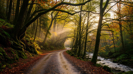 Obraz premium Scenic dirt road winding through a lush autumn forest with sunlight streaming through the trees and a river flowing alongside