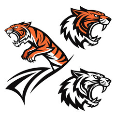 Obraz premium Tiger Head Mascot Vector Illustration Set, Roaring Bengal Tiger Sport Logo Design Bundle.