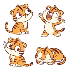 Fototapeta premium Cute Baby Tiger Cartoon Character Set, Kawaii Little Tiger Cubs Vector Illustration for Kids Stickers and Patterns.