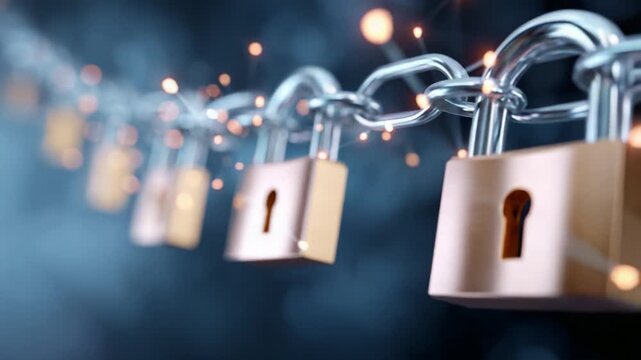 A close-up view of multiple secure locks linked together on a chain, showcasing the beauty of security and safety in a digital age of increasing vulnerabilities.