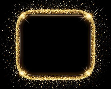 Luxury gold glitter frame with rounded corners on black background