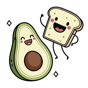 Cute Kawaii Avocado and Toast Characters Smiling and Dancing Together Illustration Funny Best Friends Food Concept Vector Design with Happy Avocado and Bread Toast.