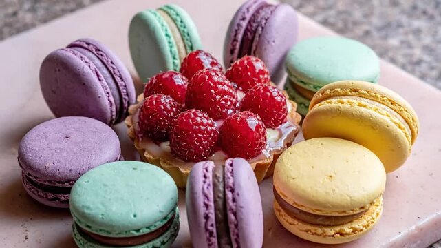 Close up of colorful macarons and a tart with fresh raspberries