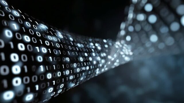 A visual representation of flowing binary code, showcasing a dynamic stream of data illuminated by light, emphasizing the digital landscape and technology's evolution.
