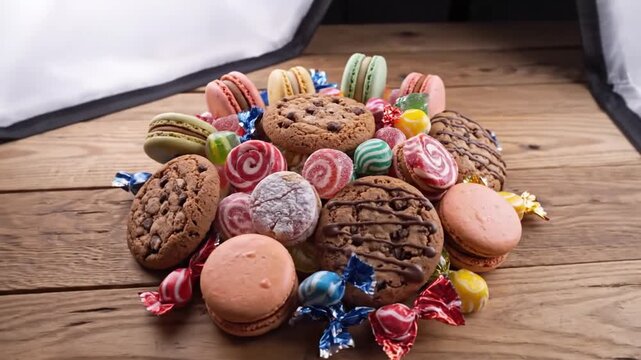 Assortment of colorful sweets on a wooden surface