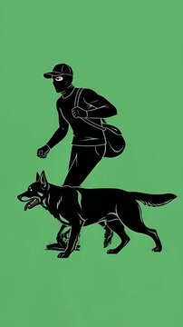 Security Guard and Dog Patrol Green Background Animation Footage