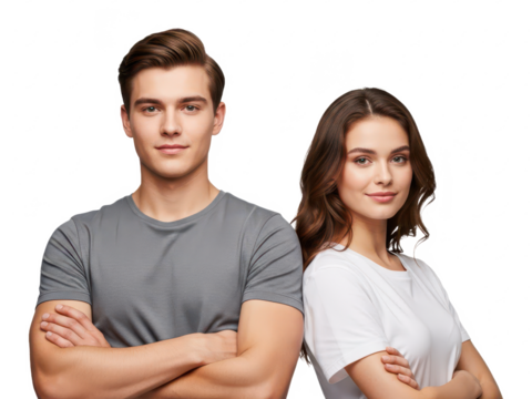 Confident young man and woman standing with arms crossed, smiling at camera isolated on transparent background - Powered by Adobe