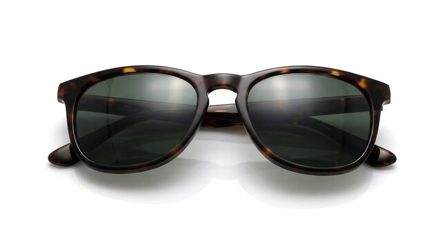 Classic tortoise shell sunglasses with dark lenses on a white background. Fashionable eyewear with a retro design for summer style and sun protection.