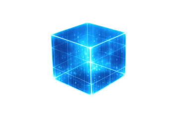 Glowing digital cube representing futuristic data, cryptocurrency, and blockchain technology, transparent background included