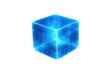 Glowing digital cube representing futuristic data, cryptocurrency, and blockchain technology, transparent background included