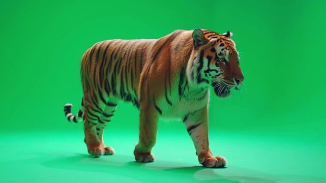 A powerful Bengal tiger gracefully strides forward with determination on a bright green screen background.