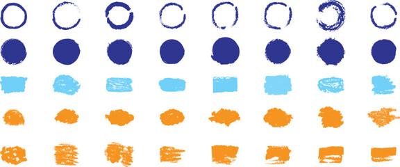  Bright and colorful collection of square and circle crayon-style text boxes with grunge post brush textures. Includes rectangles and rounded shapes ideal for banners, insignias, logos, icons, labels.