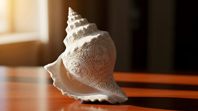 An ornate white conch shell with detailed carvings and spiritual symbols