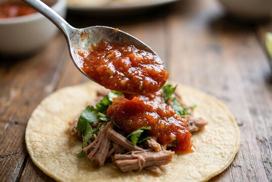 Spoon pouring salsa on meat and cilantro over tortilla. Mexican food preparation. Culinary blog, cooking show, fast food menu.