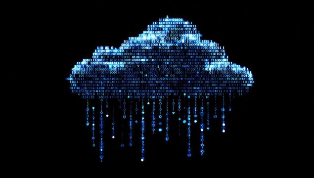 Digital cloud computing concept, formed of binary code on a black background