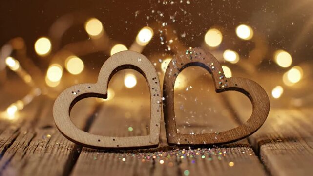 Cinematic slow motion of two wooden hearts on a rustic table with warm fairy light bokeh and subtle glitter, creating a romantic Valentine&rsquo;s Day atmosphere for love, relationship and wedding concepts.