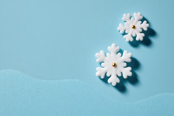 White snowflake decorations on blue background with wavy paper texture for winter holiday cards and seasonal advertising templates with copy space for text