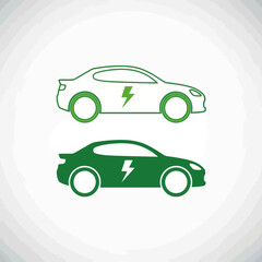 Green electric cars with lightning bolts on a white circular background