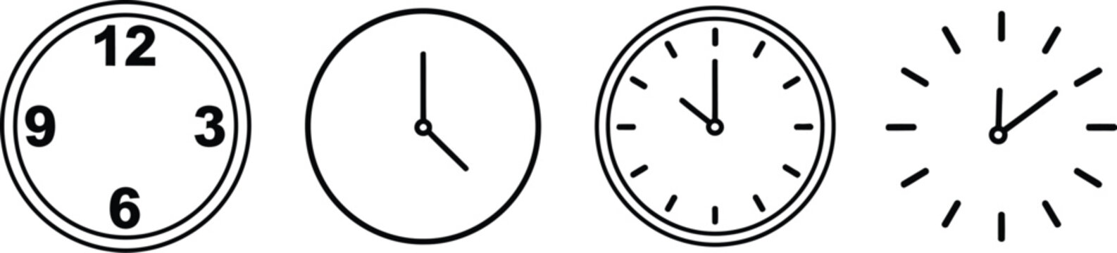 A set of four simple black and white line art icons depicting different analog clock faces for time and scheduling concepts.