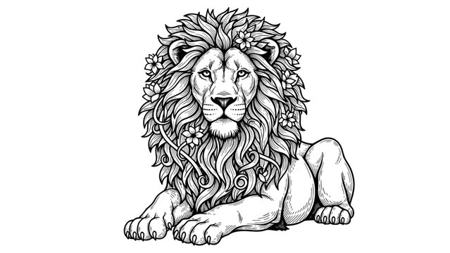 Laying Lion with Floral Mane Monochrome Art for Adult Coloring Pages, Intricate Tattoo Design, Serene Spiritual Websites, and Nature-Themed Branding