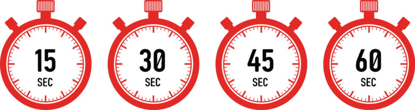 A set of four red stopwatch icons displaying different time intervals, including 15, 30, 45, and 60 seconds.