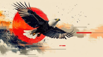 Naklejka premium Majestic bald eagle in flight against a vibrant sunset.