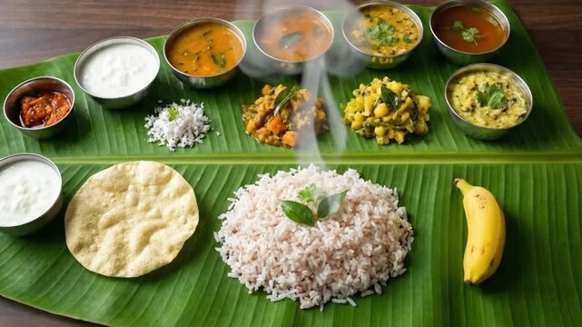 Traditional South Indian Sadhya feast served on a banana leaf with steaming hot rice and curries