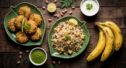 Sabudana Khichdi and Vada Platter - Traditional Indian Fasting Food with Curd and Bananas
