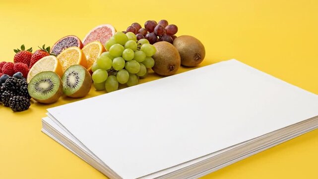 Fresh mixed fruits assortment beside stack of blank white paper mockup on yellow background