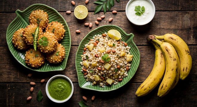 Sabudana Khichdi and Vada Platter - Traditional Indian Fasting Food with Curd and Bananas
