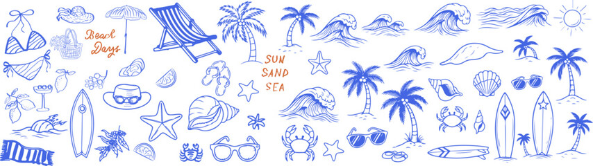 Hand drawn black beach themed vector set with summer doodles for vacation and tropical designs.