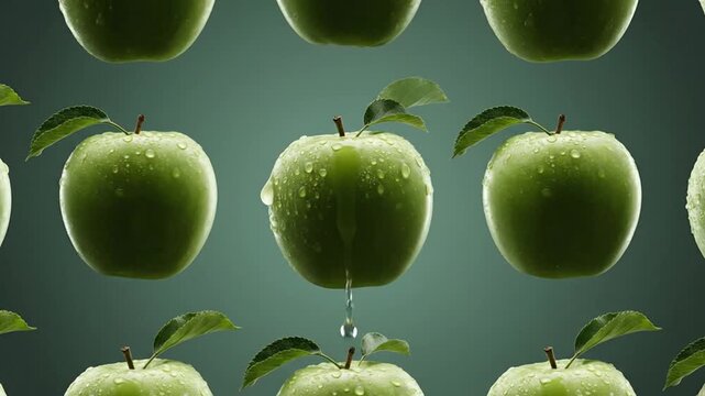 Fresh green apples with water drops arranged in a seamless pattern background