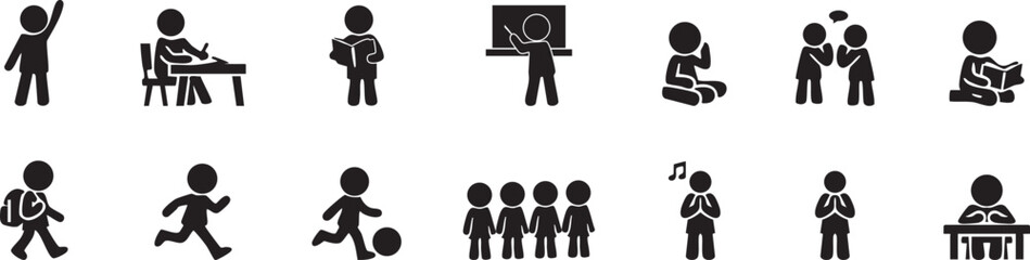 Kids School Activity Stickman Silhouette Set – Children Learning, Playing, Reading and Classroom Activities © boldvects