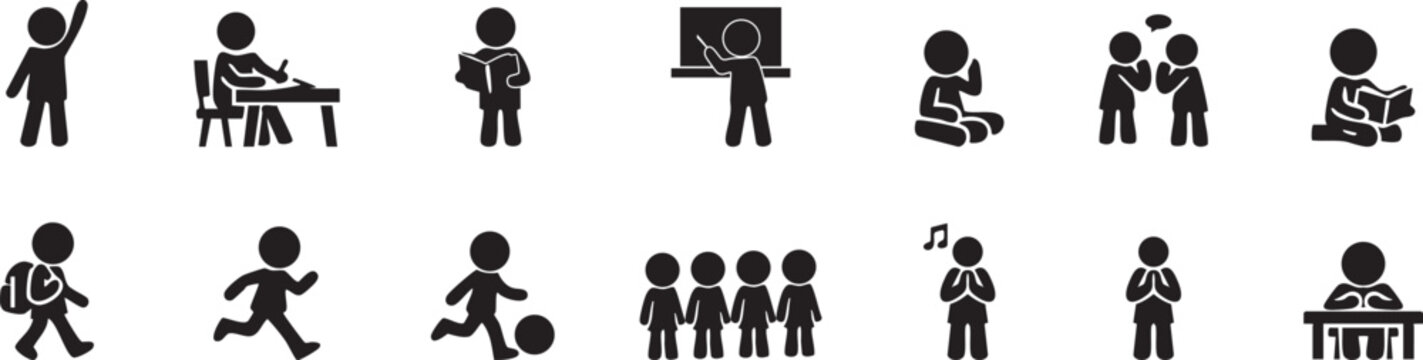 Kids School Activity Stickman Silhouette Set &ndash; Children Learning, Playing, Reading and Classroom Activities