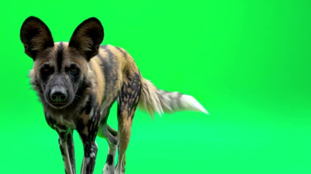 A vibrant African painted dog confidently walks forward, tail slightly wagging, facing the camera with alertness.