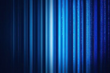 Abstract digital illustration featuring vertical light streams of blue hues with falling binary code