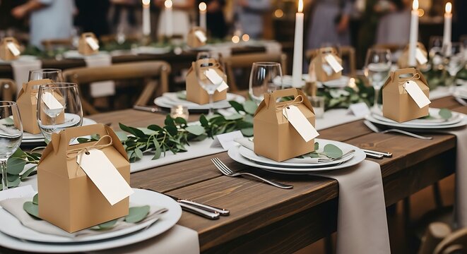 Elegant Wedding Reception Table Setting with Favors and Greenery.