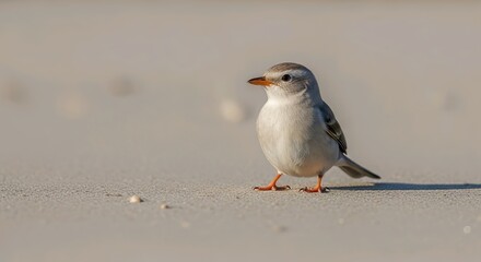 A small, delicate sparrow stands on a sandy beach, looking to the right. The bird has light brown and white plumage and a sharp beak, with a soft, blurred background of sand and tiny pebbles