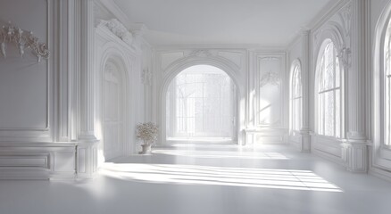 Obraz premium Opulent, all-white interior with archways, moldings, natural light, and a potted plant