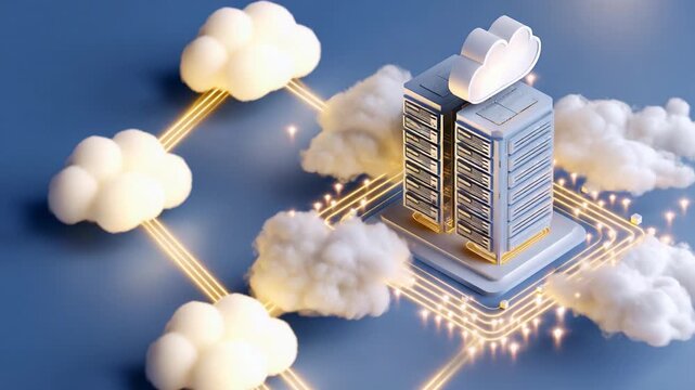 A futuristic cloud computing data center represents advanced technology and connectivity, showcasing servers surrounded by stylized clouds and glowing lines in a digital landscape.
