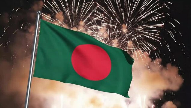 National flag waving with fireworks display at night celebration