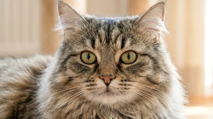 Close up portrait of a tabby cat or kitten staring with bright green eyes. Pet animal and feline friend concept for vets or pet shops.