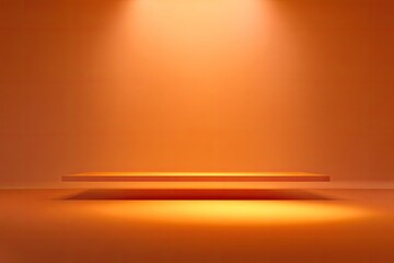 Rendered studio background with illuminated empty floating shelf and orange lighting