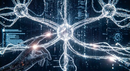 Intricate digital neural network glowing brightly as a robotic hand reaches out, symbolizing the fusion of AI, technology, and human interaction in a futuristic data landscape